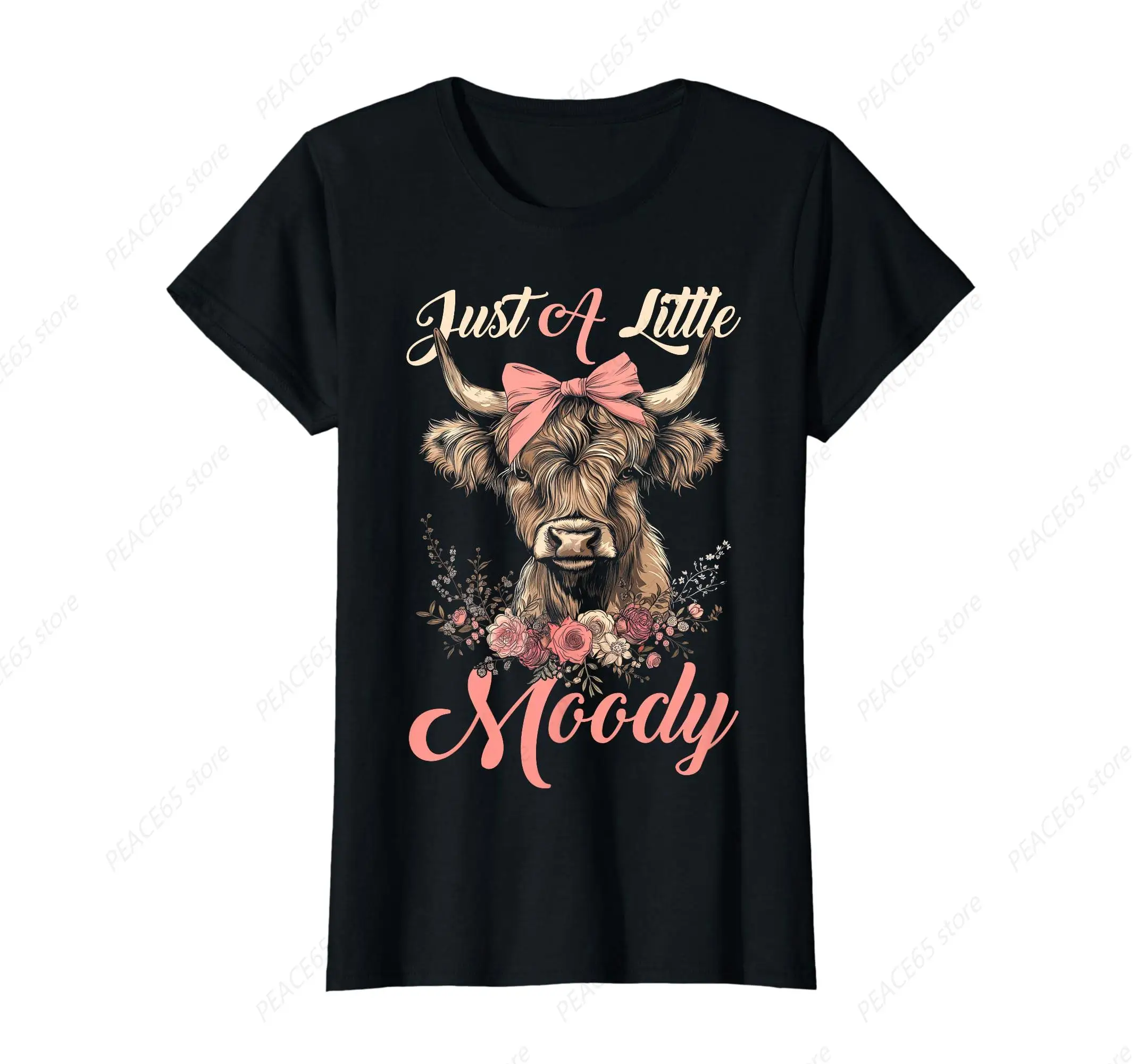 Highland Cow Just A Little Moody Flower Funny Farm Farmer T-Shirt Floral Design Farm Animal Short Sleeve