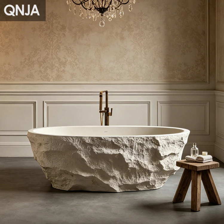 Factory Customized Beige Cream Bathtub Whirlpools Solid Surface Stone Bathtub for Home Bathroom Hotel