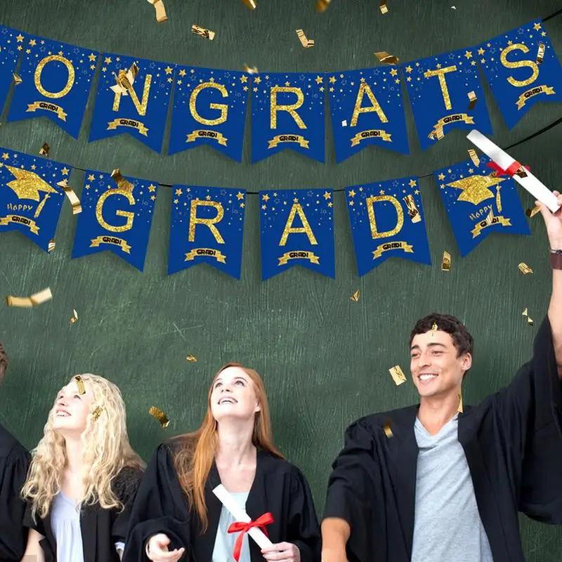 Blue And Gold Congratulations Graduates Banner Blue Graduation Pull Flag Graduation Decorations Class Of 2024, Blue Gold Banner