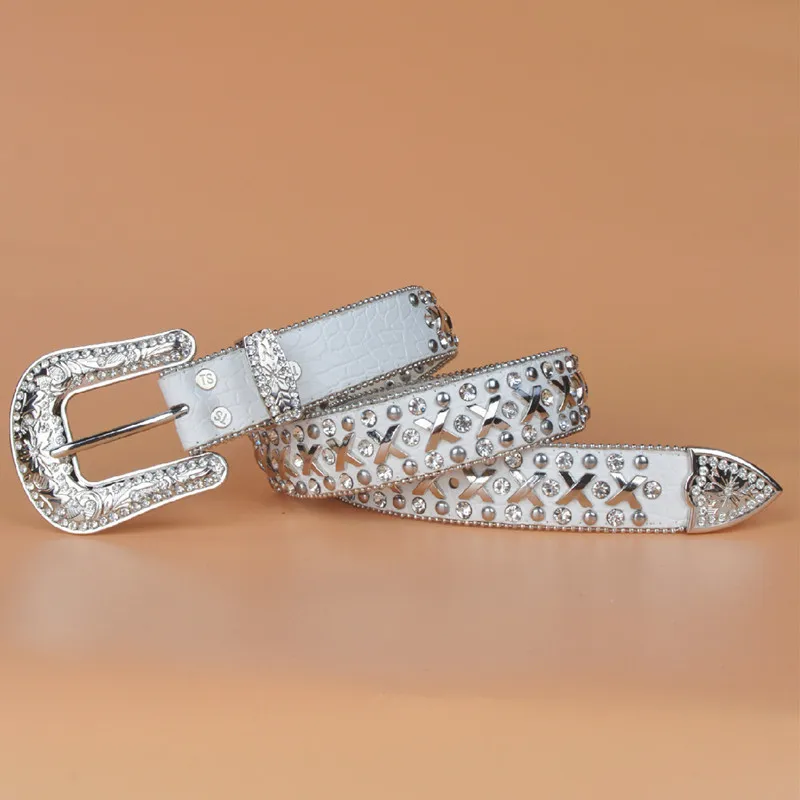Western Rhinestone Rivet Design PU Leather Women Belt Fashion Punk  Hiphop Jeans Causal Pants Belt for Ladies