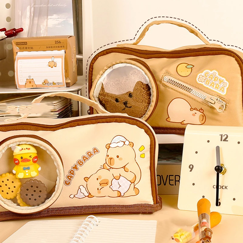 Cartoon Capybara Handheld Pencil Case Large Capacity Pencil Pouch Zippers Creative Stationery Storage Pencil Case School Supplie