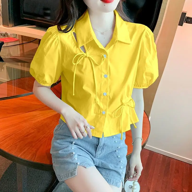 

Women's Bubble Sleeve Shirt Knot Drawstring Short Design Summer New Style Collar Top Versatile Fashionable Knot