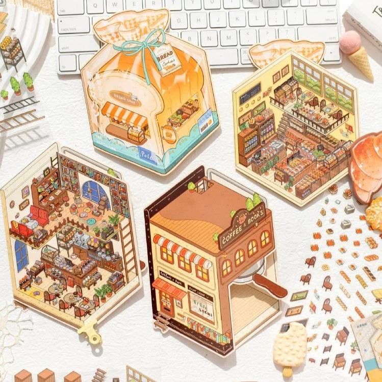 

Cartoon Food Store Miniature Scene 3D Landscaping Stickers DIY Cabin Stacking and Pasting Hand Account Cute Gift for Kid Child