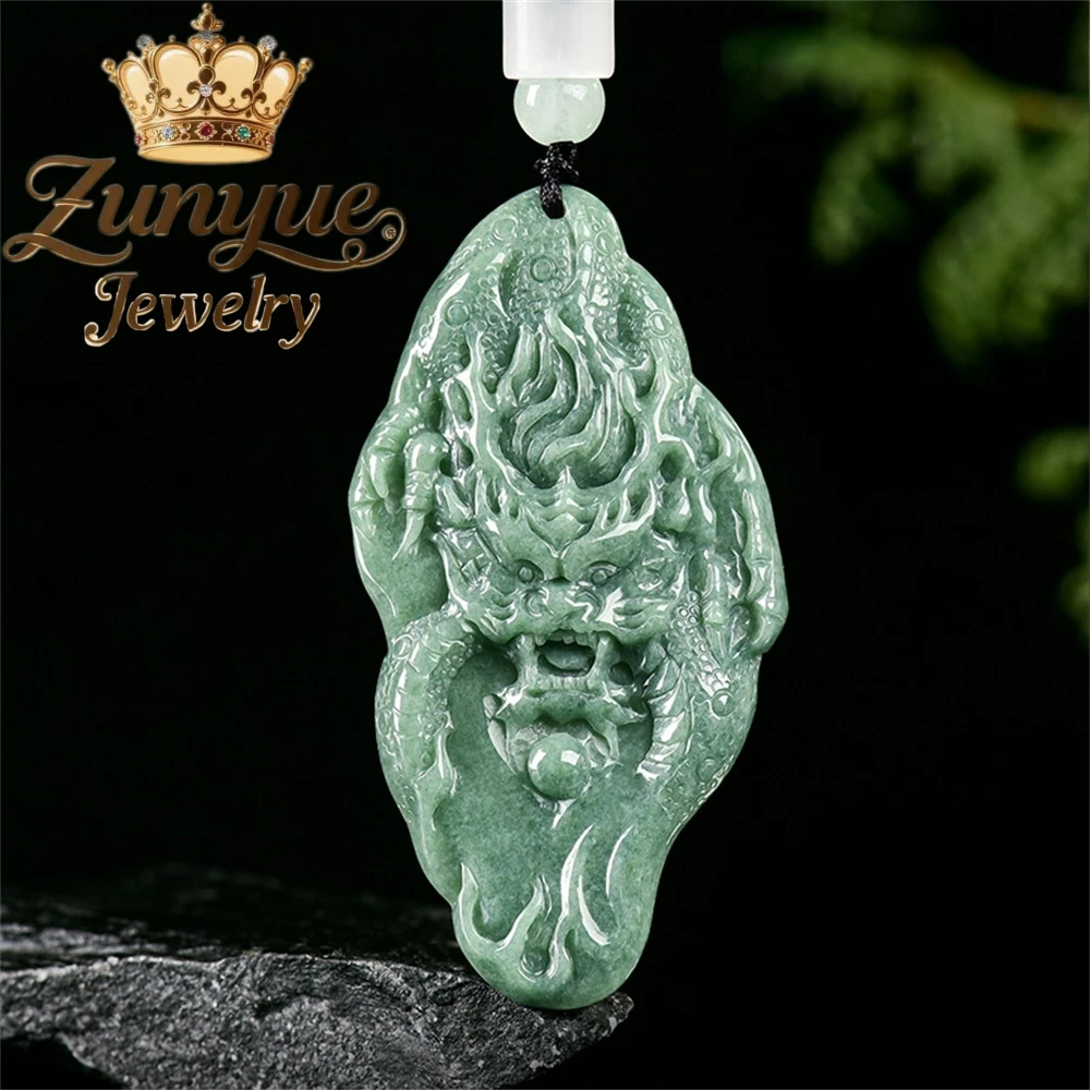 

Natural A-Grade Jadeite Bean Green Three-Dimensional Divine Dragon Spitting Out Pearls Zodiac Dragon Pendant Jade Couple Pendant