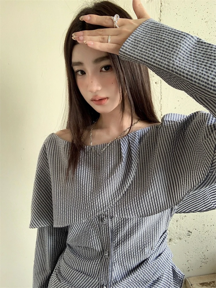 Y2k الجمالية مائل الرقبة شريط المرأة بلوزة خمر الجنية تكدرت الجرونج سليم صالح Blusas Harajuku واحدة الصدر مطوي قميص