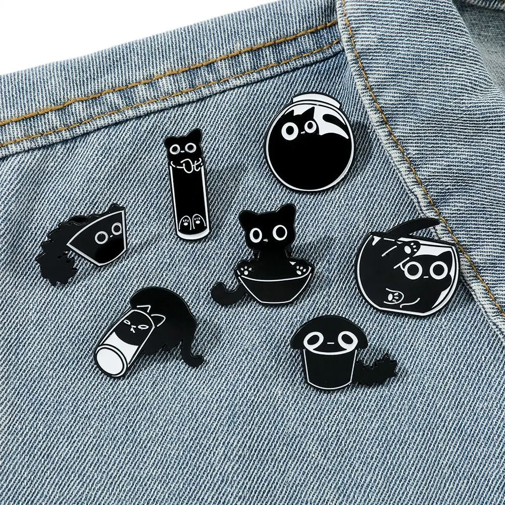 Cute Cat Enamel Pins Black Kitten Brooches Lapel Badges Cartoon Animal Jewelry Gift for Kids