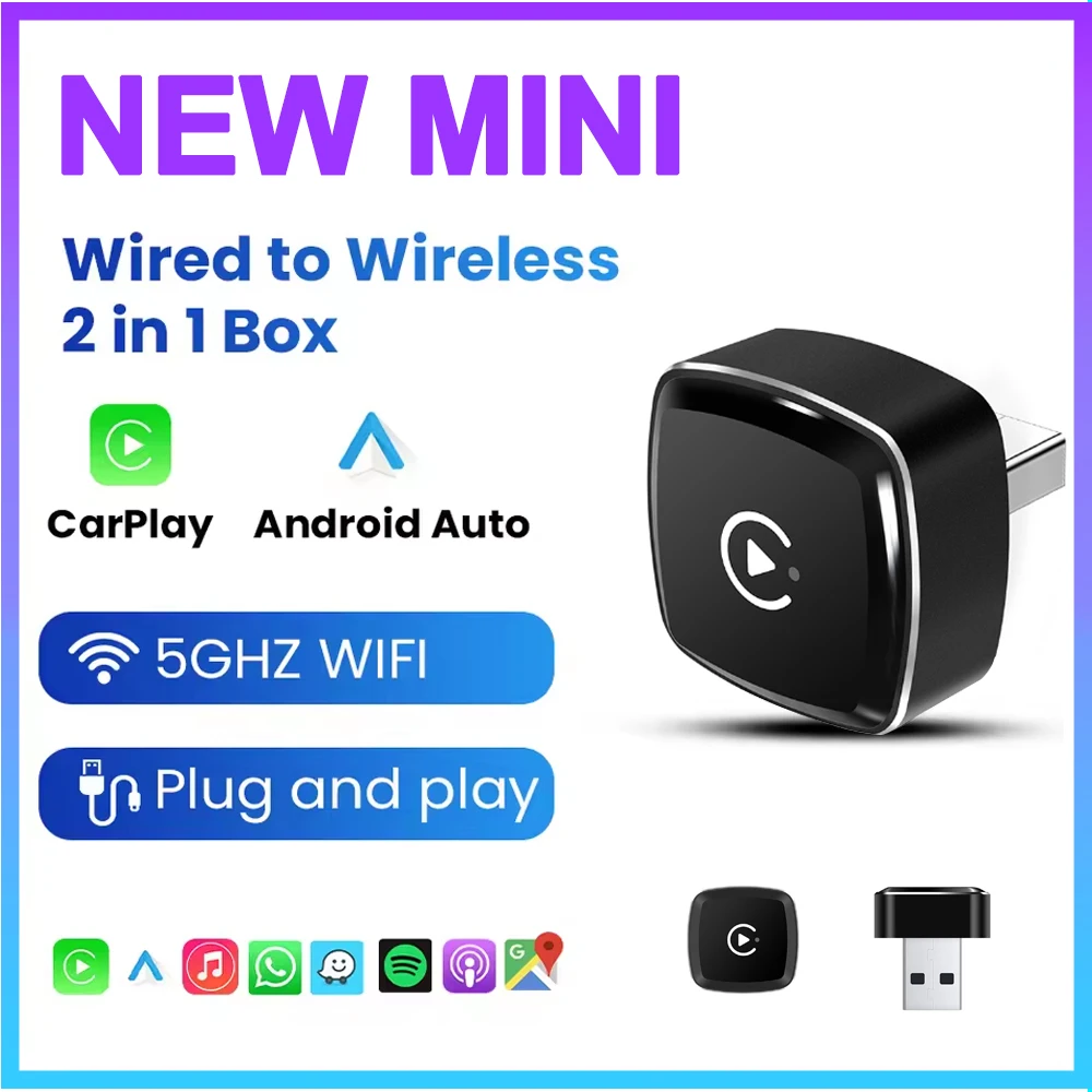 2in1 Ultra Mini Wireless CarPlay Adapter Wireless Android Auto AI Smart Box Intelligent Systems for Wired CarPlay Car