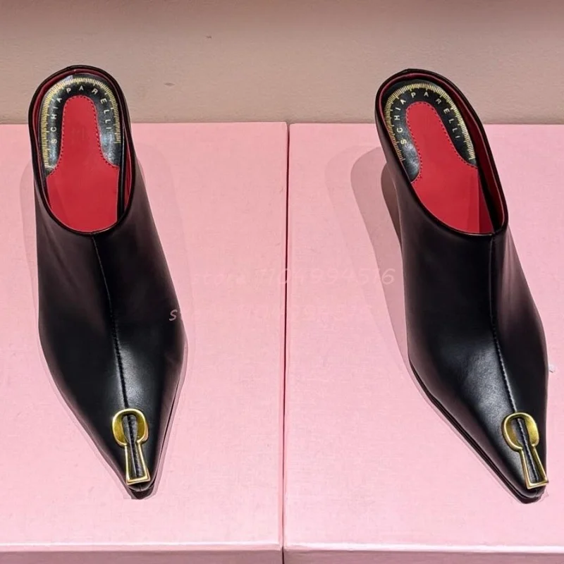 

Black Metal Buckle Pointed Outdoor Slippers Women White Leather Mules Stiletto High Heels Fashion Concise Party Summer Shoes New