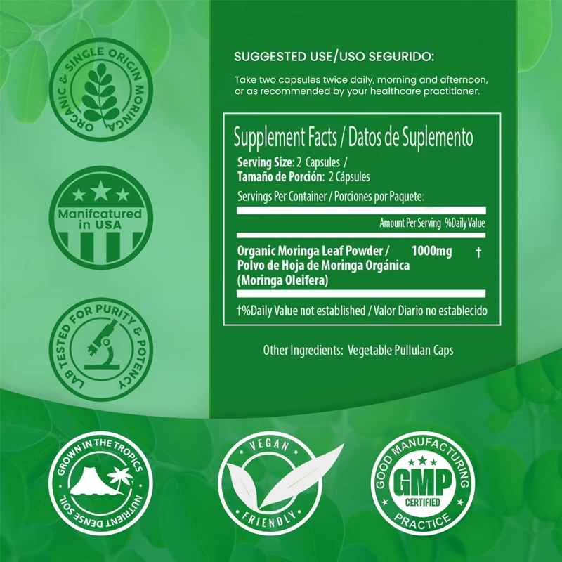 Капсулы Моринги из одного органического порошка Моринги. Острые деревянные листья. Энергетика, метаболизм и иммунная поддержка