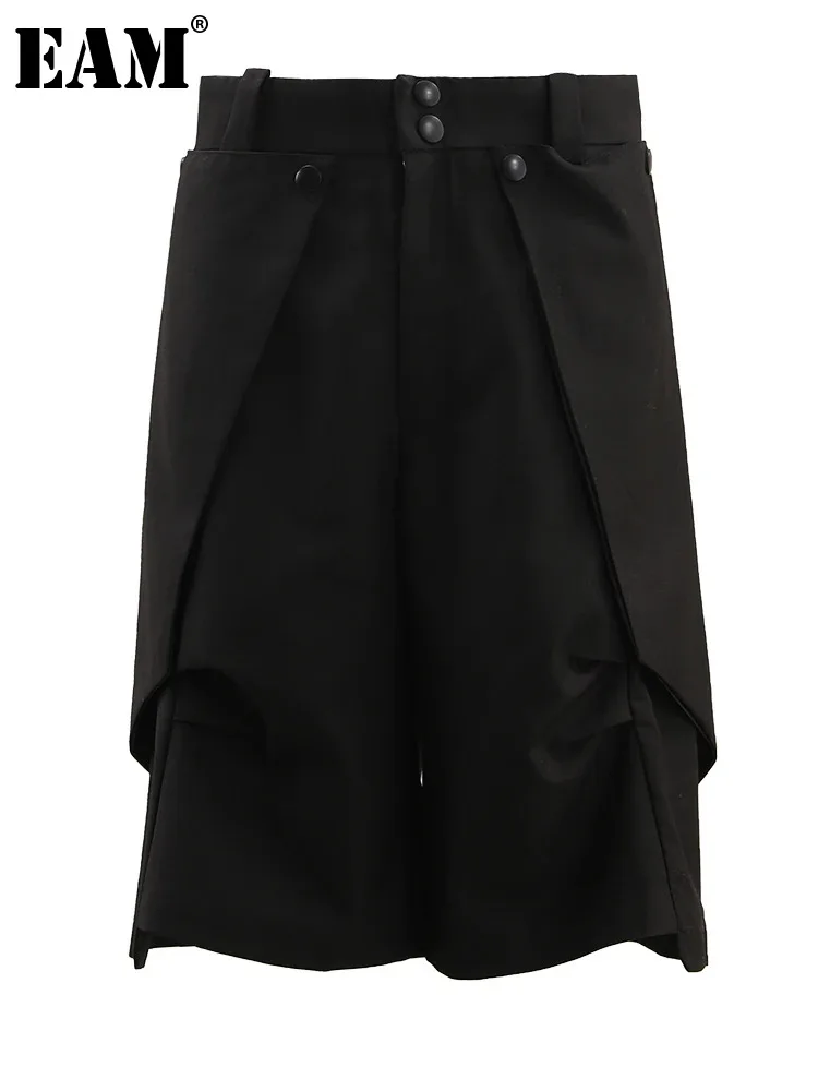 

[EAM] High Elastic Waist Black Irregular Button Knee Length Pants New Trousers Women Fashion Tide Spring Summer 2024 CPG1581