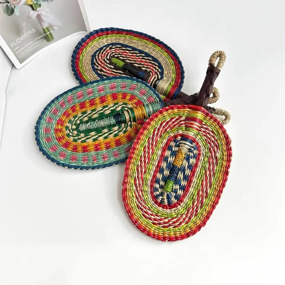 

Colorful Striped Patterns Seagrass Woven Fan Vintage Bohemian Cattail Fan Anti-Mosquito Lightweight Decorative Handheld Fans
