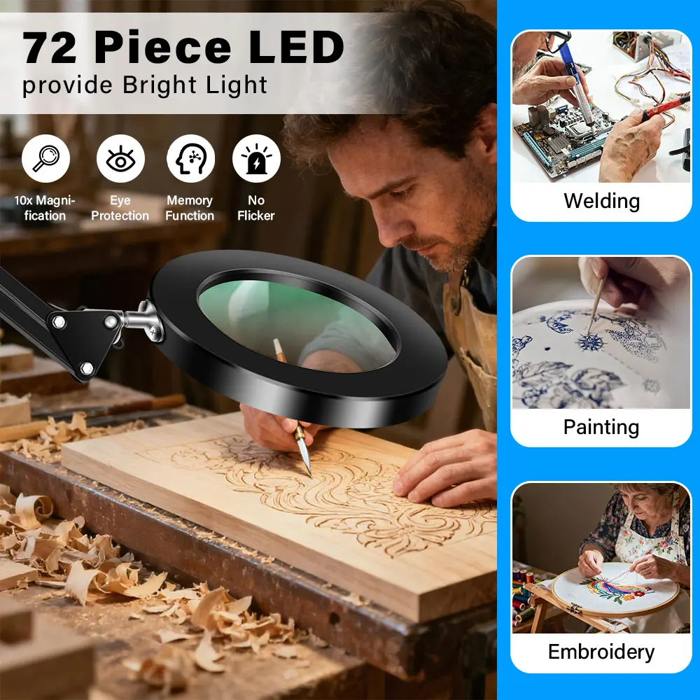 NEW 3-Segment folding Magnifying Glass Lamp with 3 Color Adjust LED Lights Reading Table Lamp for Welding Repair Close Work