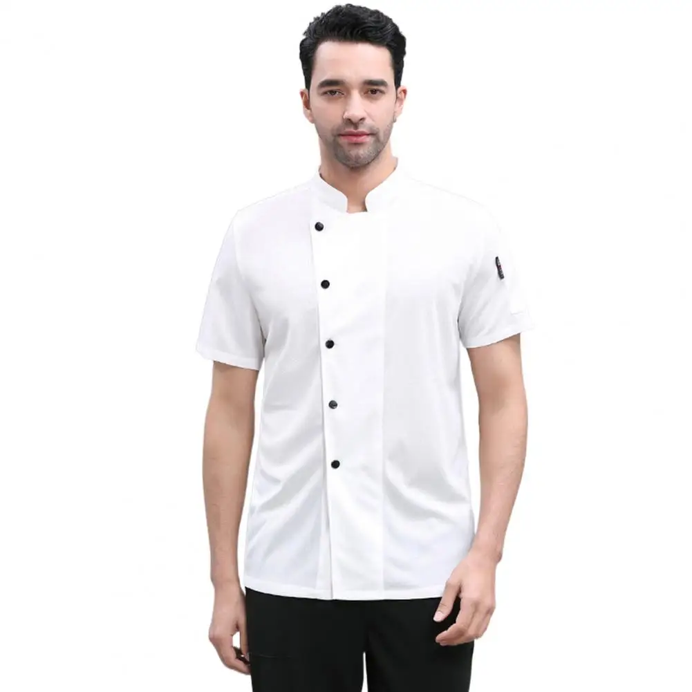 Camisa de manga corta para Chef, camisa Unisex resistente a las manchas con cuello levantado para cocina, panadería, restaurante, pantalones cortos para camareros