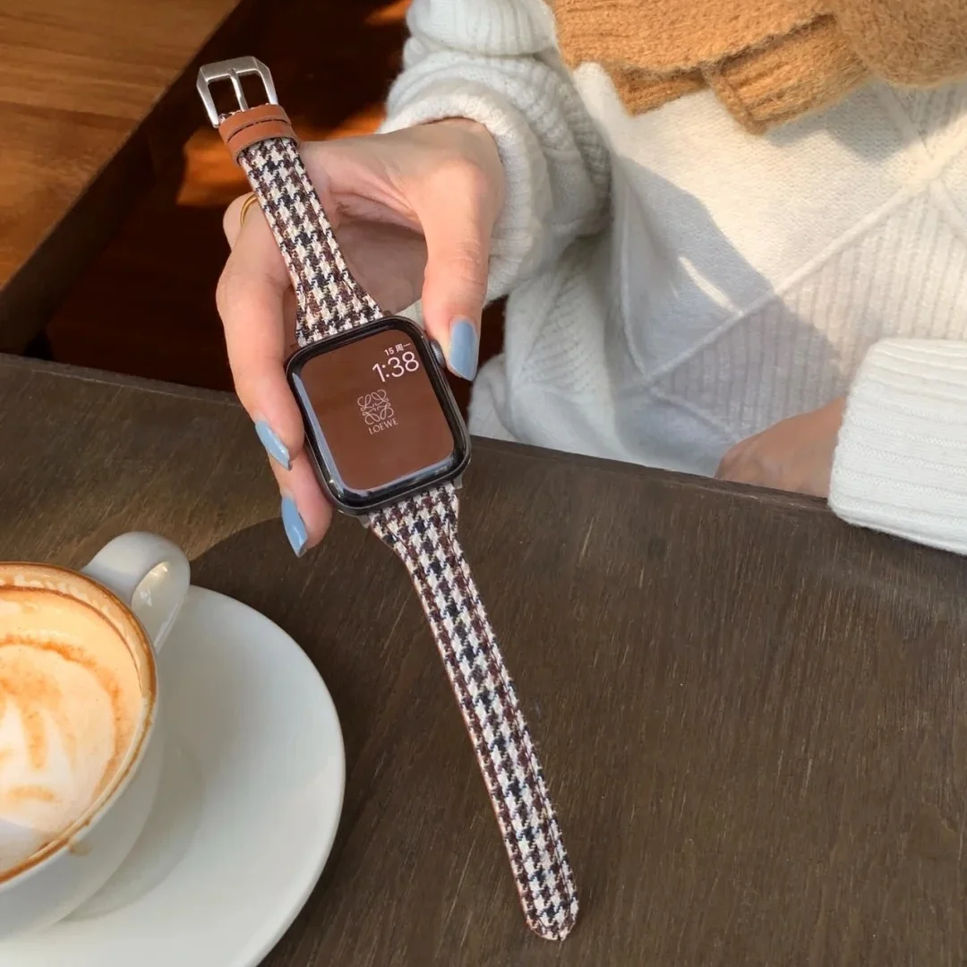 Leather Strap for Apple Watch Band Slim Strap 9 SE 8 7 6 5 4 41/45mm 40/44mm Lattice Pattern Band for iWatch 38/42mm 3 2 1 49mm