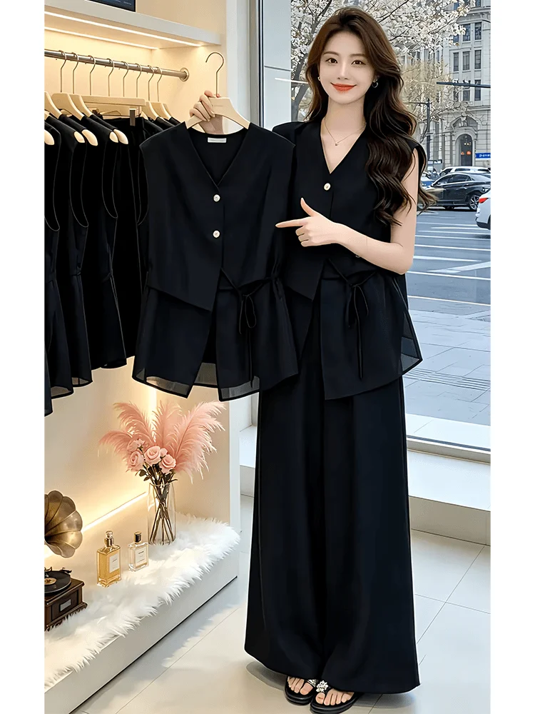 Black Vintage Money Style Sleeveless Shirt Wide Leg Pants Two Piece Set Women Summer Slimming Long Pants Casual Fashion