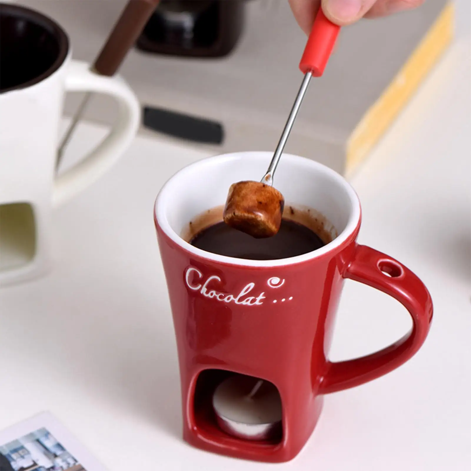 Tasse à fondue en céramique portable avec fourchette - Pot de fusion de chocolat Tasse chaude pour fromage, bonbons, caramel, apéritifs de dîner de mariage