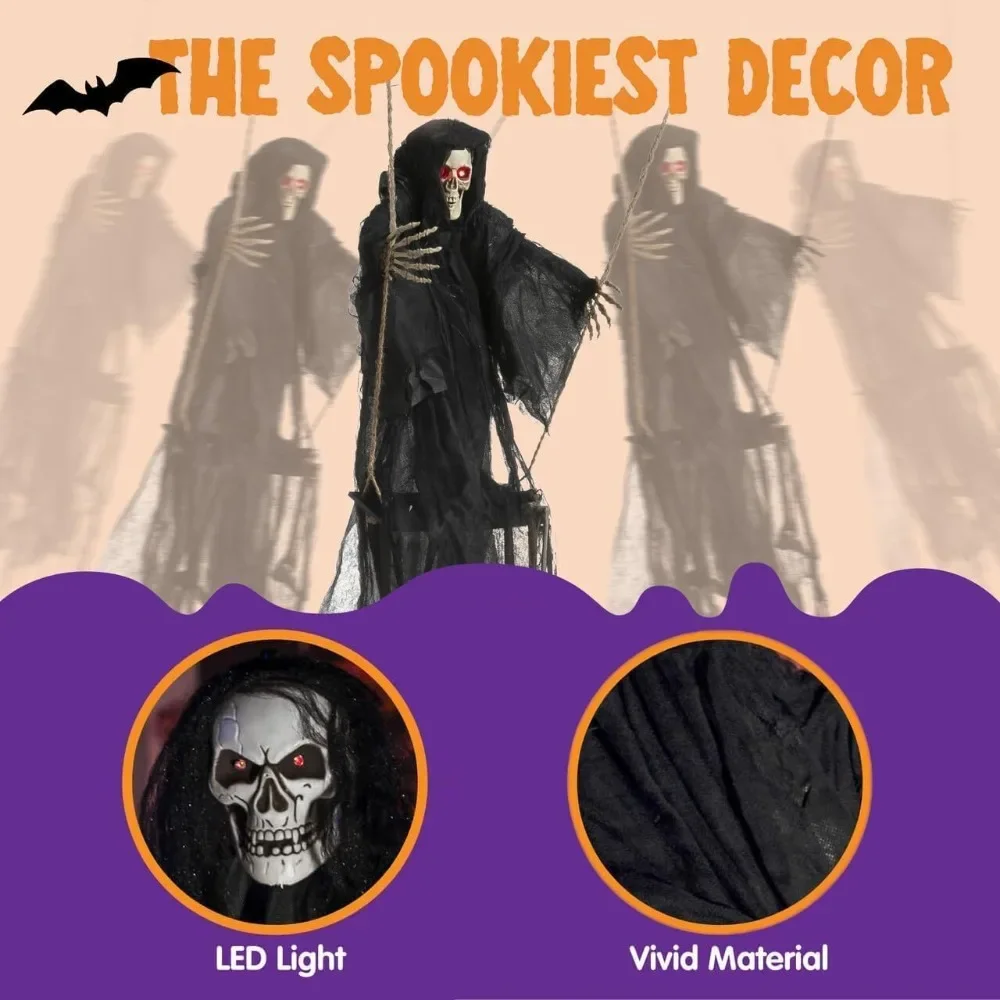 Outdoor Halloween Decorations 2 Packs Hanging Ghosts Halloween Decor with Lighted Up Eyes, 3ft Scary Grim Reaper Halloween