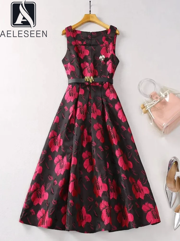 

AELESEEN Jacquard Summer Dress Women Casual Design Fashion Sleeveless Red Flower Print Brooch Belt High Street Female Party