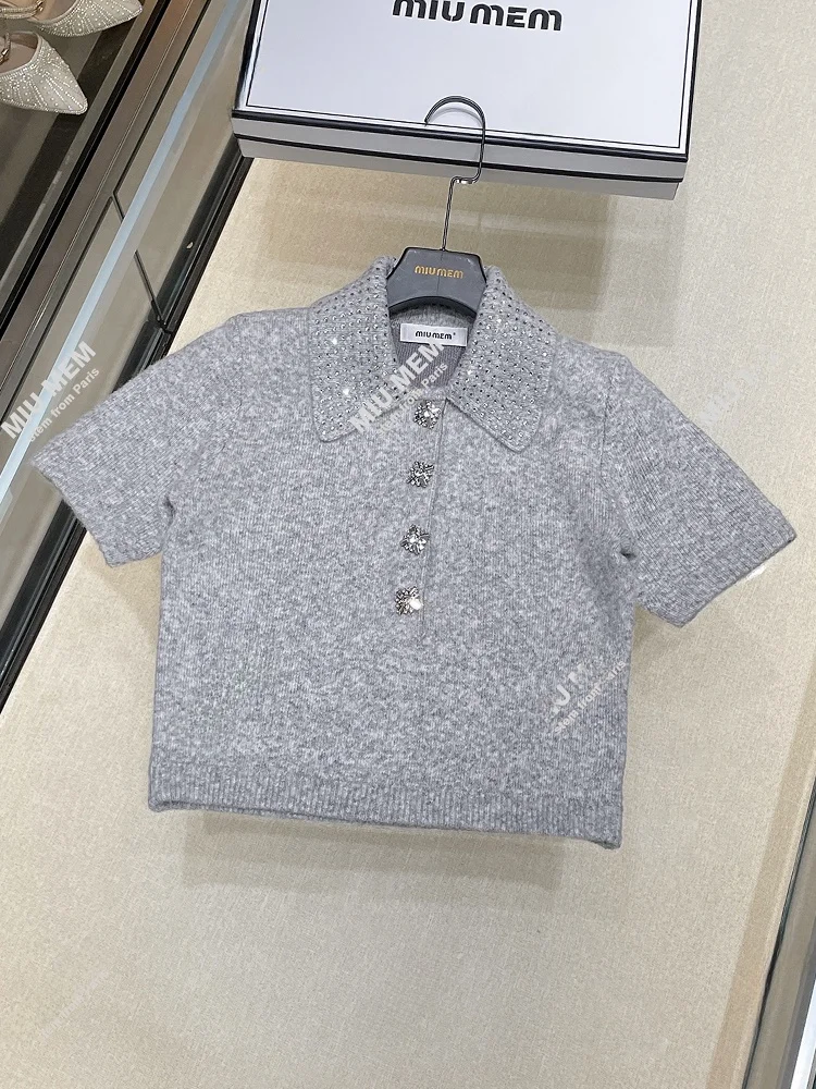 

SP Home South Oil High End European Sle Women's Spring Turn Collar Diamond Embedded ort Knitted Sweater Top