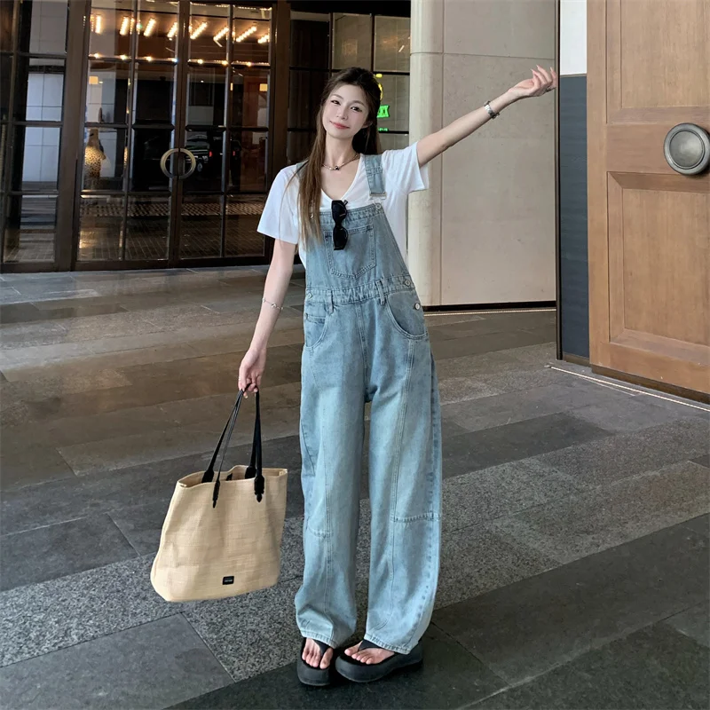 Real Shot Real Price Light Color Retro Denim Overalls for Women, Autumn High Waist Loose Slimming Age-Reducing Wide Leg Jumpsuit