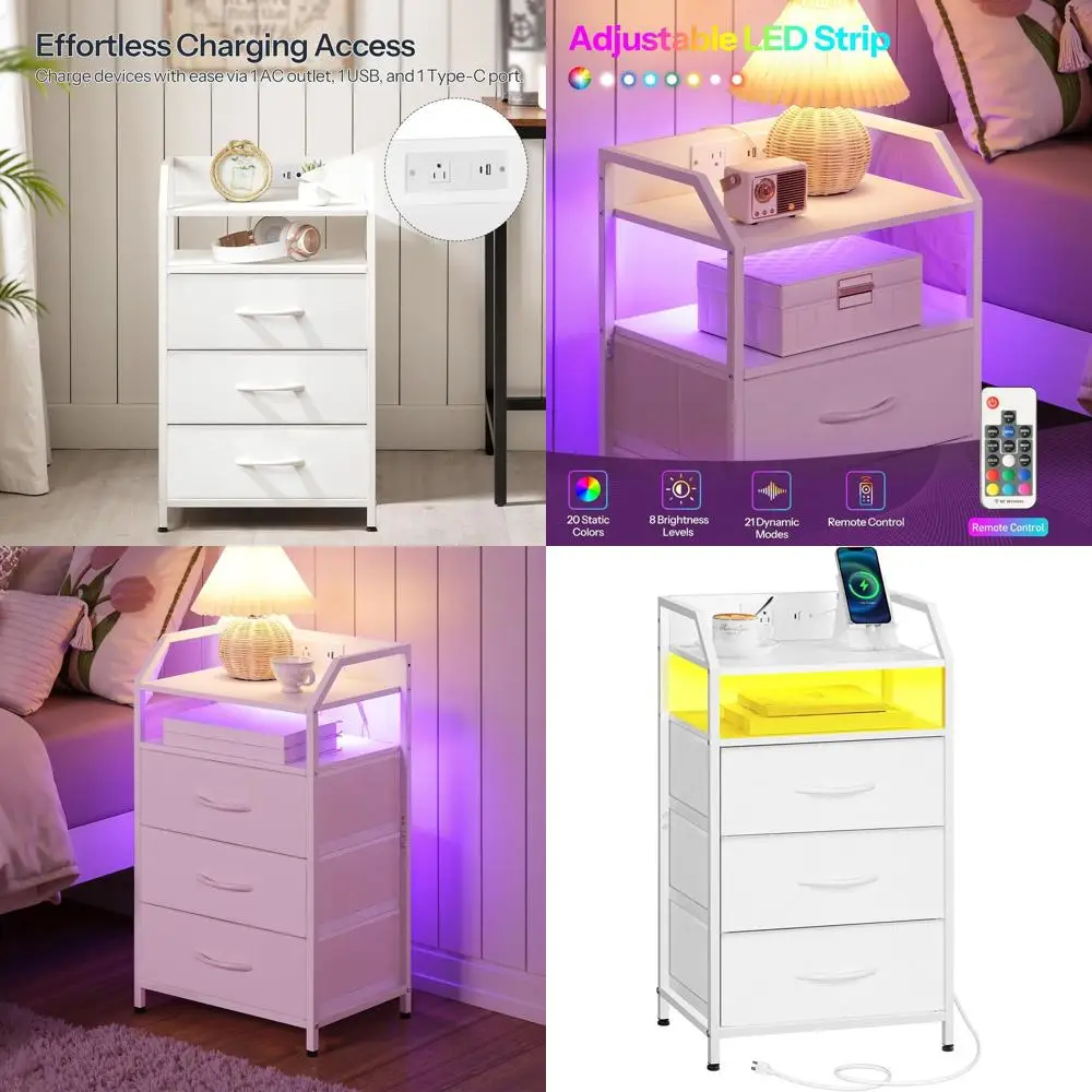 

Прикроватная тумбочка с зарядной станцией, светодиодной подсветкой и 3 ящиками