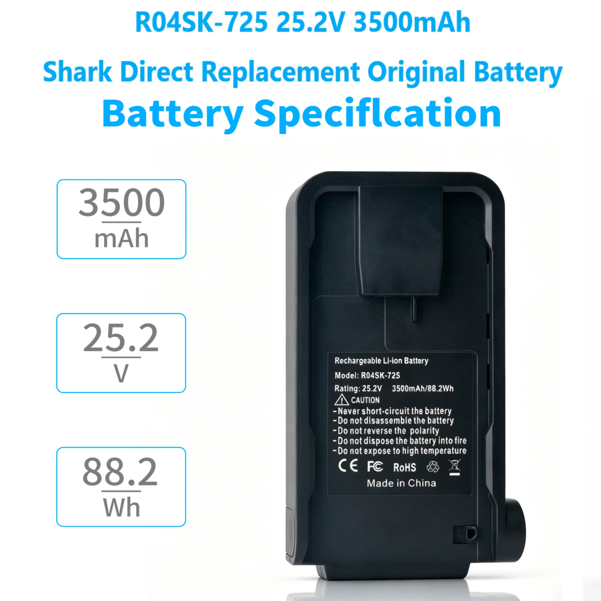 R04SK-725 Replacement Battery For Shark IZ631H IZ661HC IZ682H IZ300UK IZ320UK IZ640H IZ865H Vacuum Cleaner 3500mAh XBATR725SL