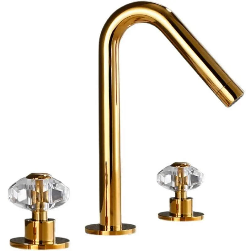 Gold widespeead bathroom brass tap 3 holes crystal bathroom mixer shiny gold widespread 3hole Bathroom Sink golden Faucet