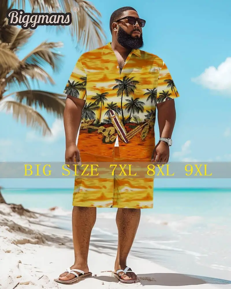 

Biggmans Shirt Plus Size Set L-9Xl for Summer Beach Clothing Oversize Hawaii Suit Men's Tropical Leaf Print Large 7XL 8XL