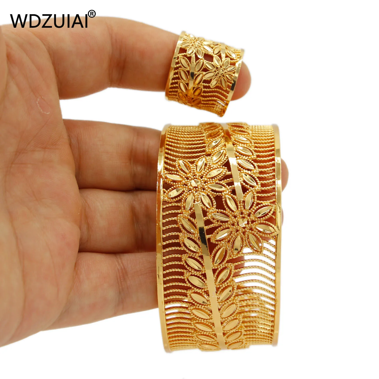 WDZUIAI Free Size Cuff Bracelets/Ring Set For Women Men Jewelry Dubai Gold Color Bangles African Ethiopian Wedding/Party Jewelry