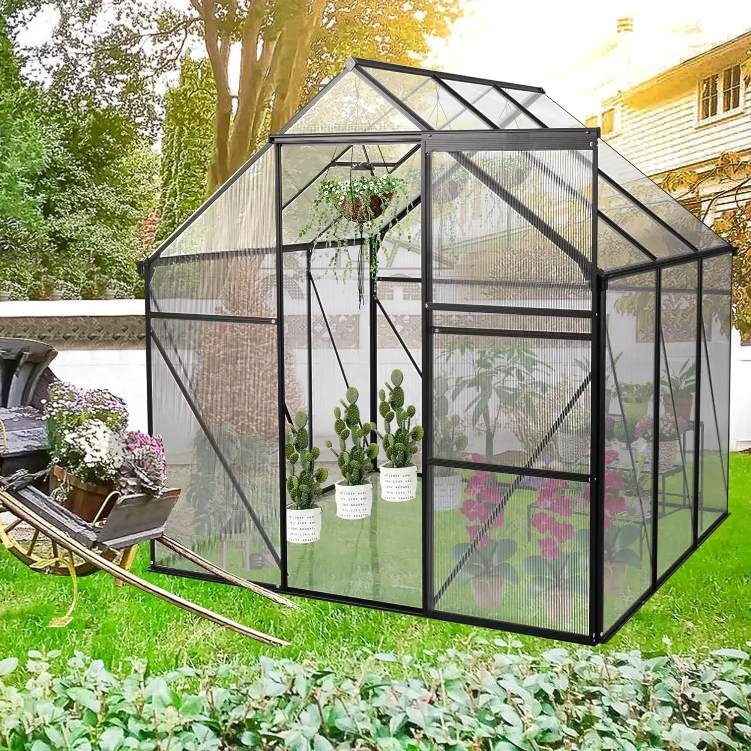 

6ftx 8ft Walk-in Polycarbonate Greenhouse with Sliding Door and Window,Garden Plants Green House for Backyard