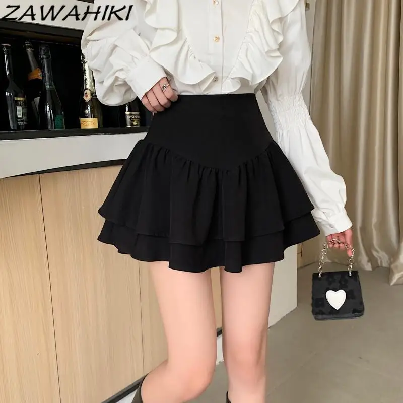 

ZAWAHIKI Pleated Skirt High Waist Solid Color Spring Summer A-line Fashion Korean Versatile Casual Vintage Chic Short Faldas