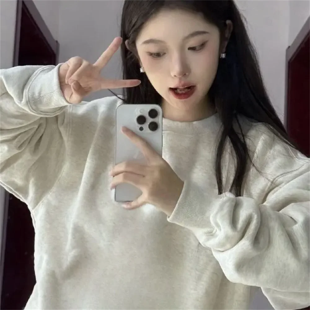 جولة الرقبة هوديي بلون الأمريكية الرجعية الخريف والشتاء سترة جديدة عارضة الربيع والخريف فضفاضة كسول أعلى بأكمام طويلة #4