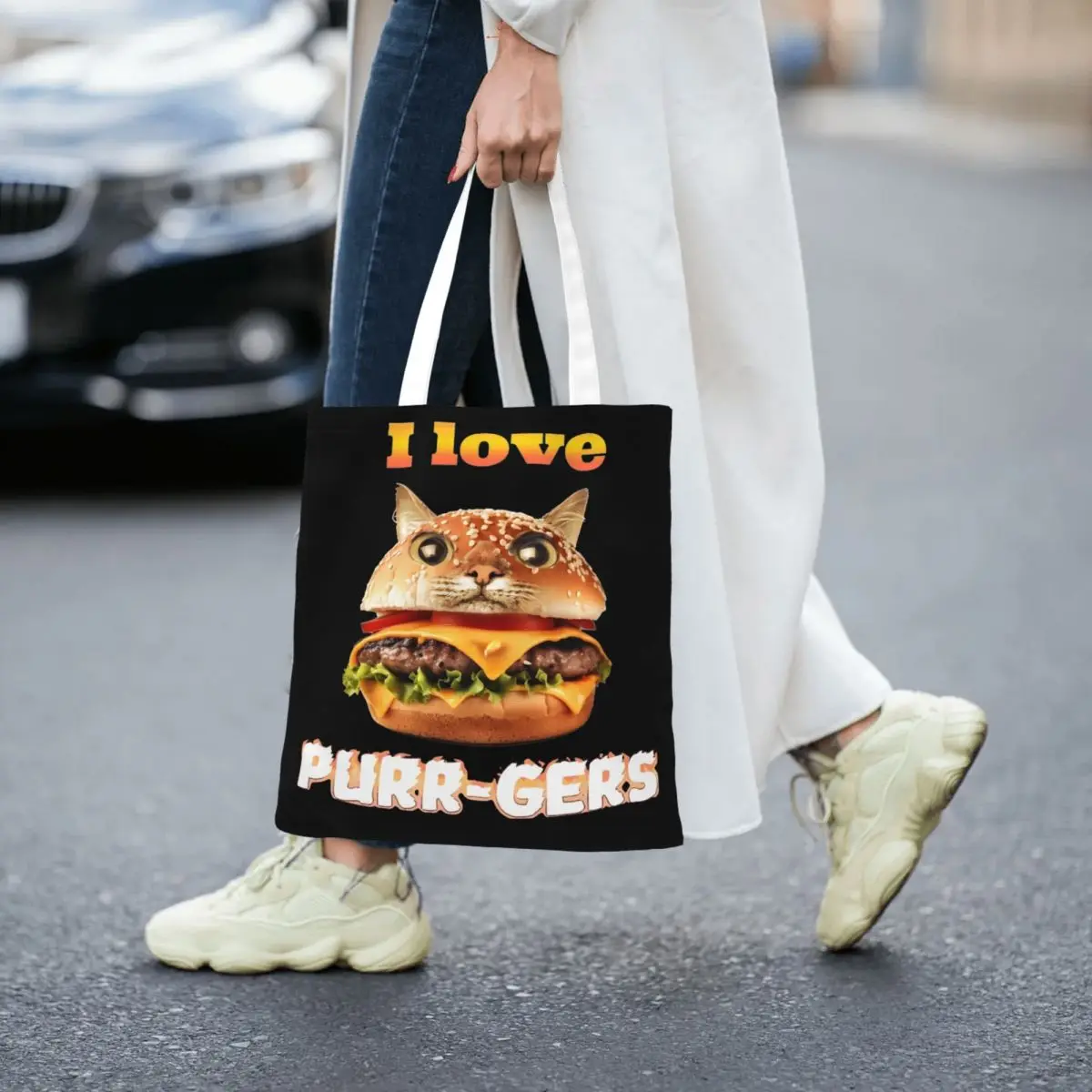 Bolso Tote Unisex de lona con diseño único, bolsa divertida de hamburguesa, gato, Meme, I Love PURR-GERS, comida chatarra, informal, Y2K