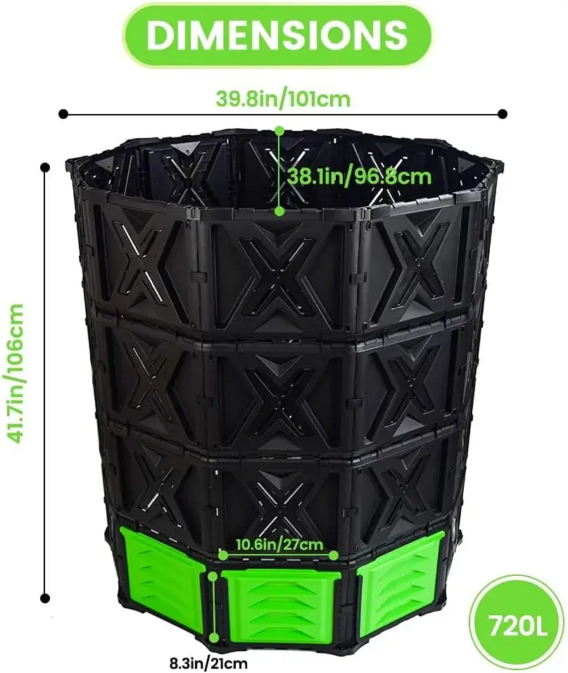 XXL Large Compost Bin Outdoor- 720L /190 Gallon-Easy Assembly-No Screws-Sturdy& Durable-Green Door
