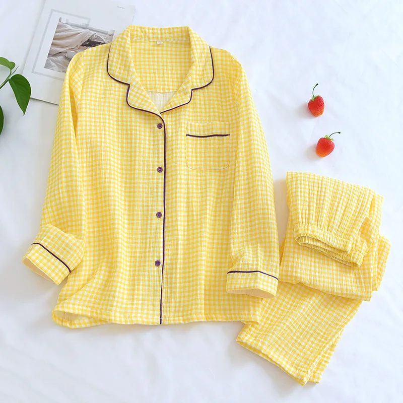 New Women Spring Pajamas Cotton Gauze Crepe Sleepwear Long Sleeve Print Two Piece Set Loungewear Thin Casual Loose Home Clothes