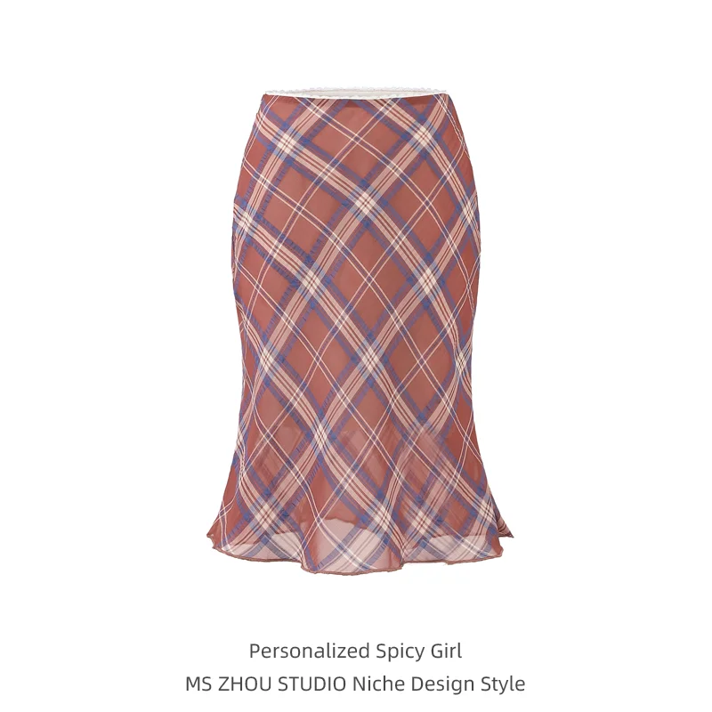 

Low Waist A-Line Midi Skirt with Me And Plaid Design for Women Summer New Sle Slimming Flared Skirt Casual Wear