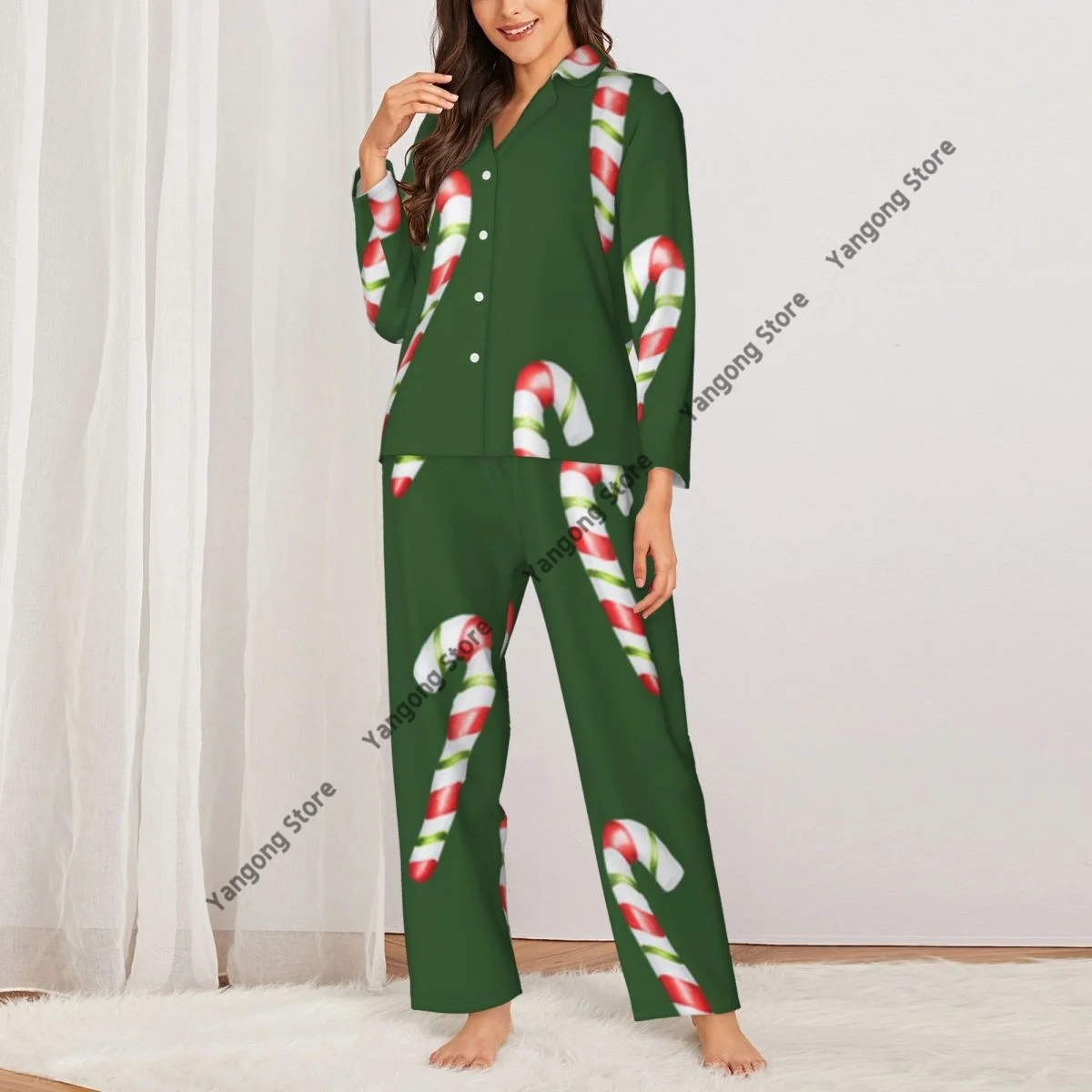 Women Sleepwear Loungewear Watercolor Christmas Candy Cane Long Sleeve Lapel Neck Shirt and Elastic Waist Pants Pajamas Set