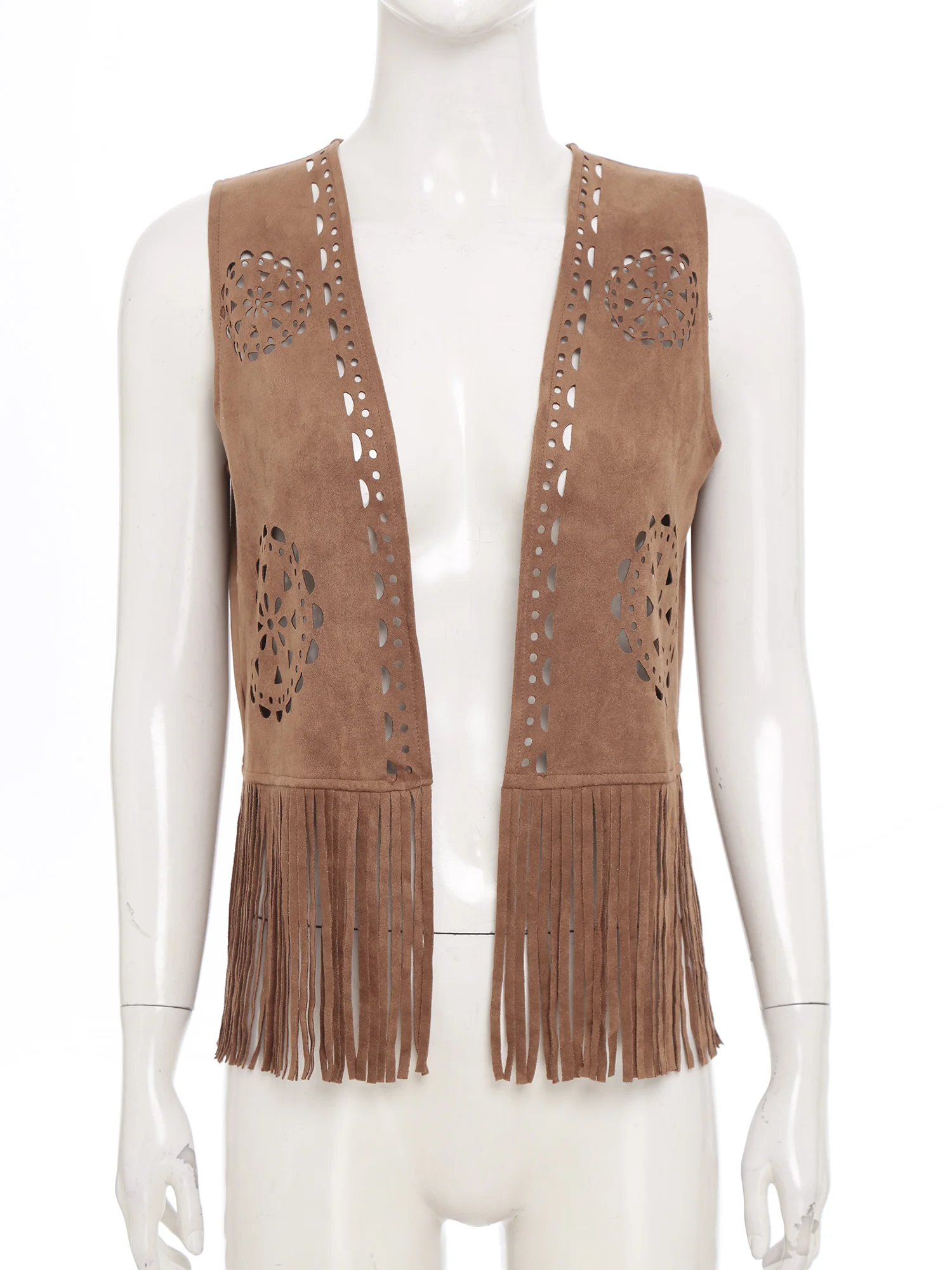 Rompi Pinggiran Antik Cowgirl Barat Wanita Rompi Depan Terbuka Jaket Rumbai Tanpa Lengan Suede Palsu untuk Pesta Tema Halloween