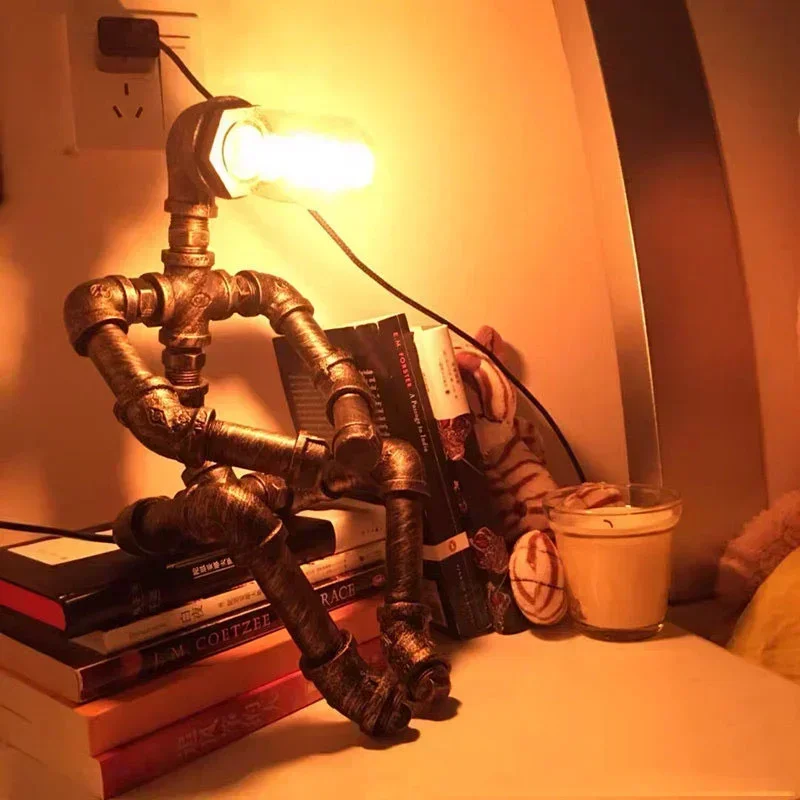 Vintage Steampunk Desk Lamp Pipe Light Unique Industrial Style Robot Bedside Table Lamp for Bedroom Restaurant Cafe Decoration