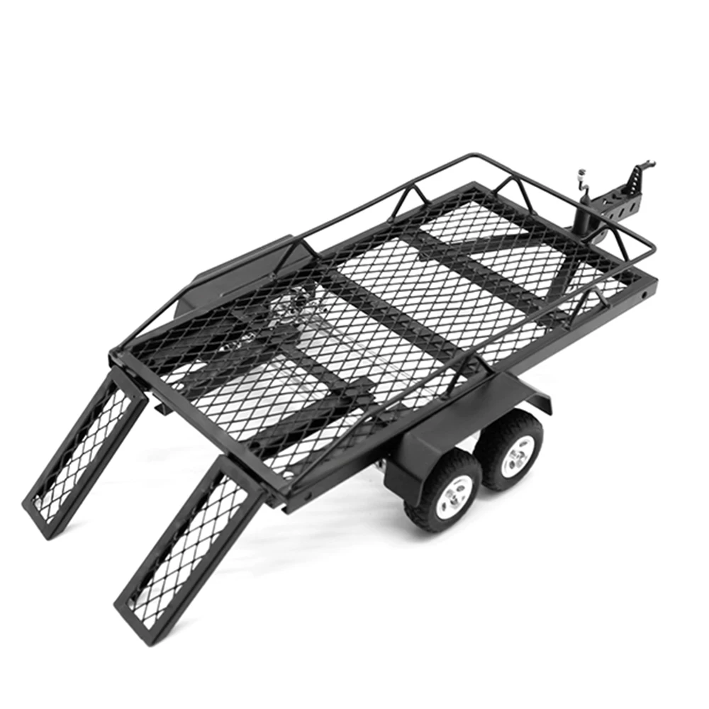 

GLOBACT RC Trailer for Hauling Behind Car Metal Flatbed Trailer with Hidden Ramps for 1/24 RC Crawler Axial SCX24
