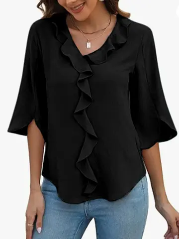 Chemisiers pour femmes grandes tailles, automne-hiver, élégants, col en V, manches bouffantes, couleur unie, décontractés, pour le bureau, chemises de travail