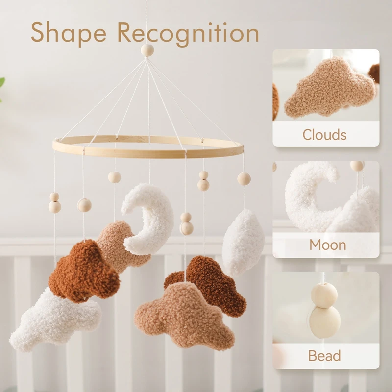 Baby Wooden Bed Bell Lambhair Mobile Hanging Toy Baby Crib Mobile Cartoon Cloud and Moon Pendant Toy Holder Arm Bracket Kid Gift