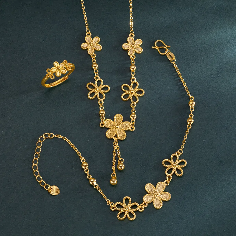 

Peach Blossom Marriage Three-piece Set for Women 9999 24K Real Gold Flower Ring Hard Gold Necklace Pendant Bracelet