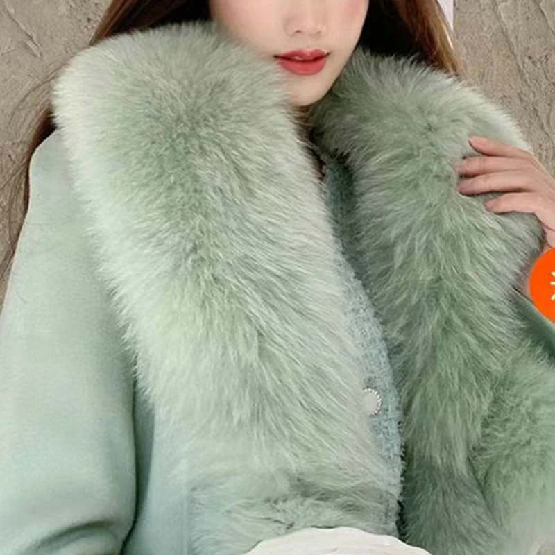 New Cashmere Wool Coat Women\'s Winter Cardigan Fox Fur Collar Long Woolen Jacket Female Fashion Windproof Imitation Fur Outwear