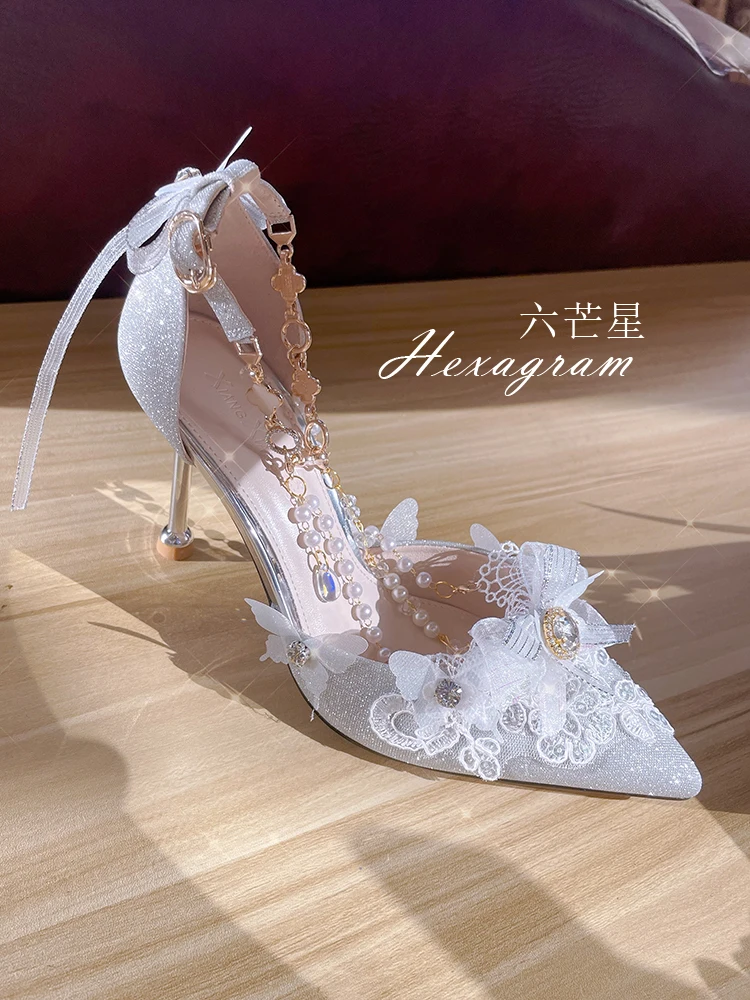 

Retro French Style Lolita Elegant Flower Wedding Cosplay Girl Shoes Pointed Lace Flower Bow Gemstone 6.5-8.5cm High Heel Shoes