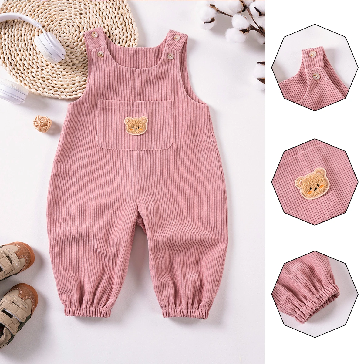 Summer Baby and Toddler Carrier Trousers Unisex Cute Bear Trousers Button Loose Clothes Large Pockets Comfortable Skin-friendly