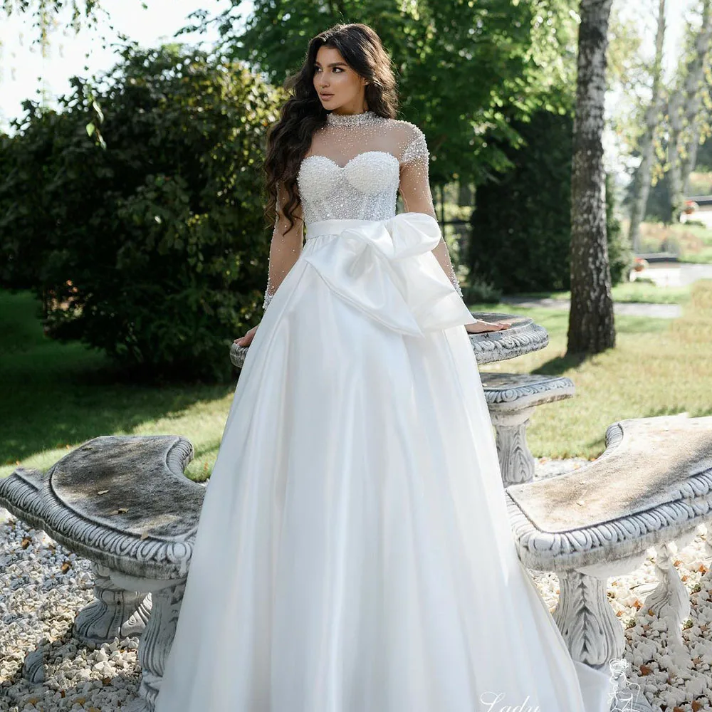 Msikoods Exquisite Satin Wedding Dresses illusion Long Sleeves Beading O neck Bridal Dresses Bow Belt Bride Wedding Gowns