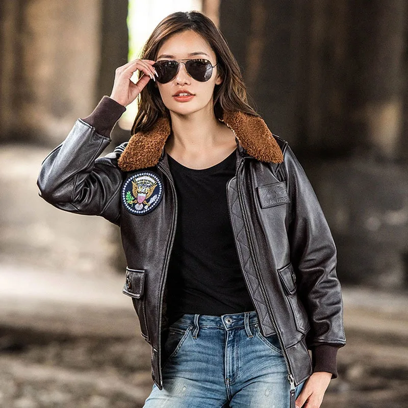 2024 Nieuwe Vrouwen Luchtmacht G1 Pilot Jas Mode Echte Koeienhuid Velcro Insigne Jackets Vrouw Gevoerd Met Katoenen Winterjassen