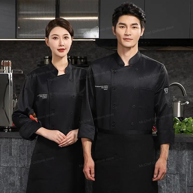 سترة طاهية بيضاء طويلة الأكمام معطف طاه الفندق تي شيرت زي الشيف مطعم معطف العمل مخبز تنفس ملابس الطبخ شعار