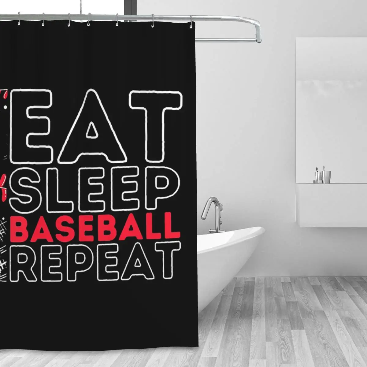 Eat Sleep Baseball Repeat Boys Players Shower Curtain Bathroom Polyester Waterproof Bath Curtains with Hooks
